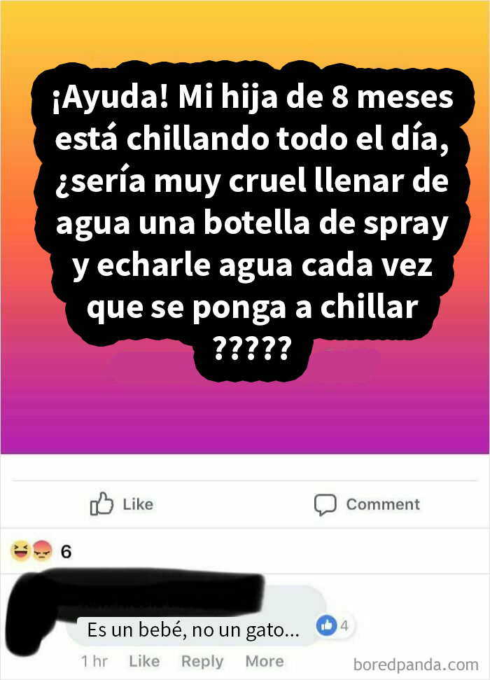Mensaje desquiciado en grupo de madres sobre castigar a un bebé con spray de agua por llorar todo el día.