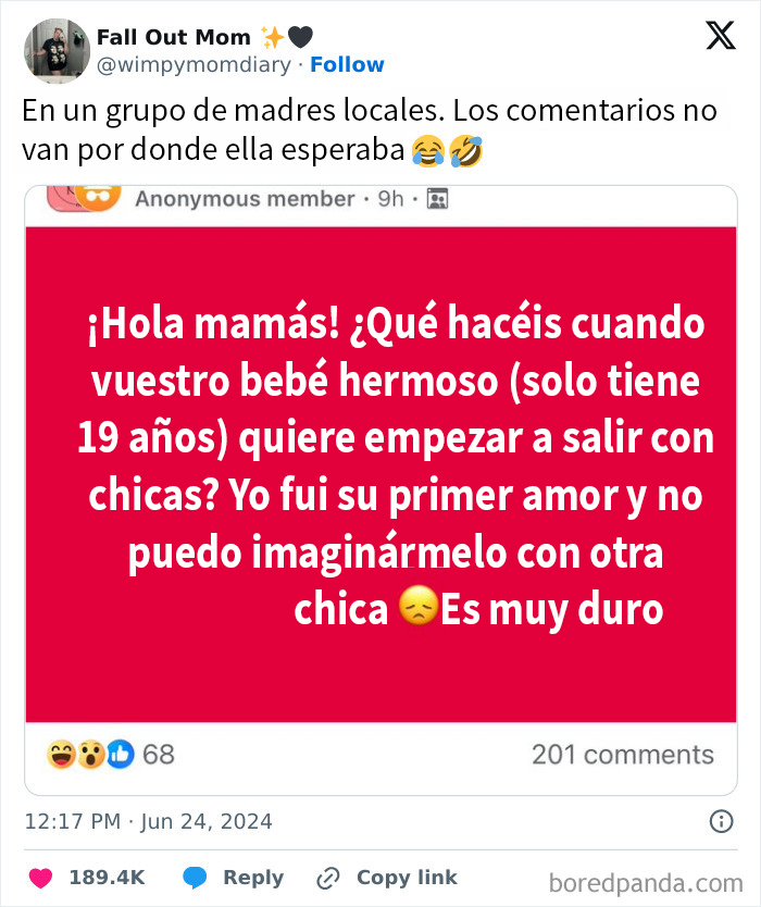 Mensaje desquiciado en grupo de madres sobre bebé de 19 años y sus relaciones amorosas complicadas.