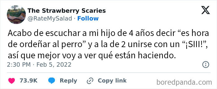 Tuit divertido con conversación incómoda entre padre e hijo sobre ordeñar al perro y unión de hermanos pequeños.