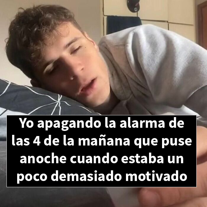 Joven apagando la alarma temprano, meme sarcástico sobre falta de motivación y humor cotidiano en redes sociales.