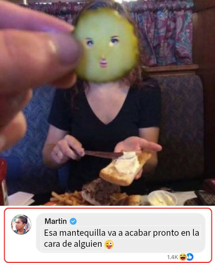 Memes sarcásticos con humor visual incluyendo rebanada de pepinillo con cara y frase divertida sobre mantequilla.