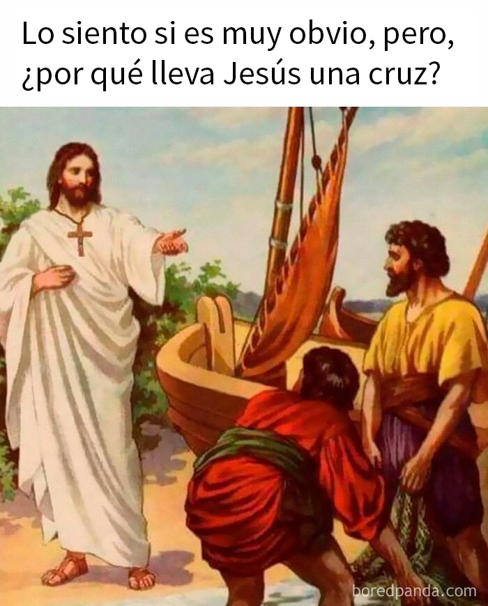 Jesús con cruz hablando con hombres junto a un bote en memes divertidos sobre la estupidez humana.