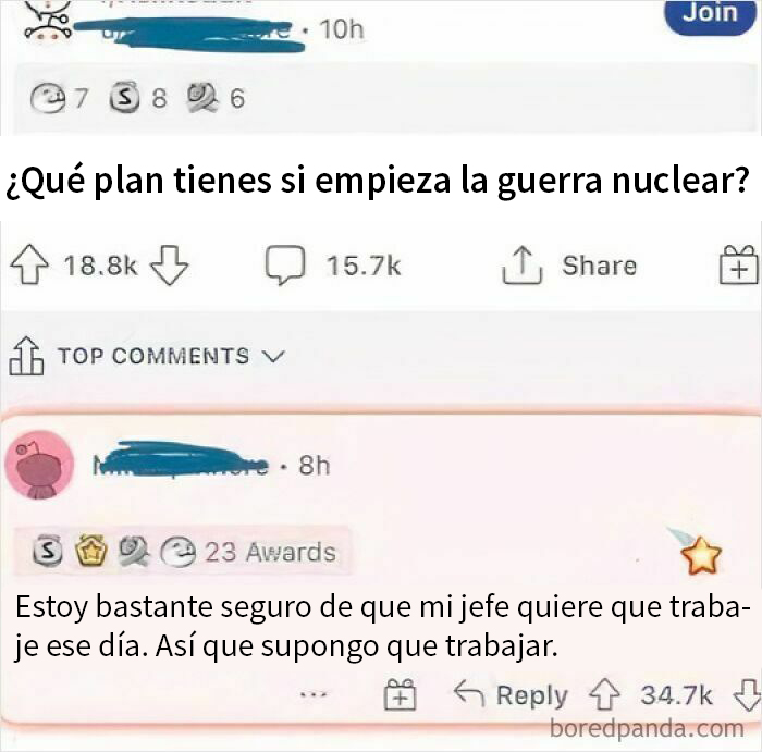 Usuario responde sobre guerra nuclear con meme sobre estupidez humana y trabajo en situación absurda en redes sociales.