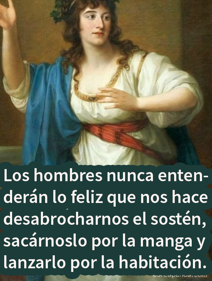 Meme divertido sobre la estupidez humana mostrando un texto humorístico sobre desabrochar el sostén en pintura clásica.