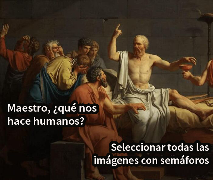 Hombres mayores en pintura clásica discutiendo con texto humorístico sobre memes divertidos de la estupidez humana.