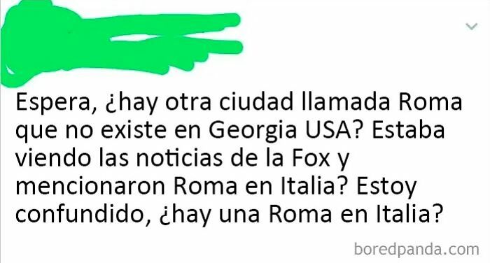 Captura de pantalla de tweet mostrando ignorancia estadounidense al confundir ciudad Roma en Italia con lugar en Georgia USA.
