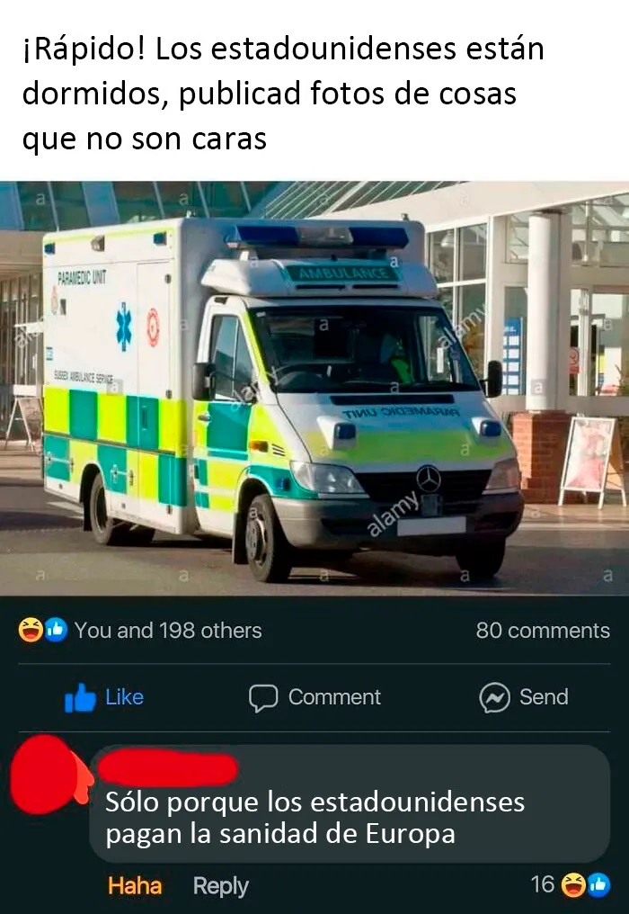 Ambulancia con texto humorístico sobre ignorancia estadounidense y sanidad europea en redes sociales.