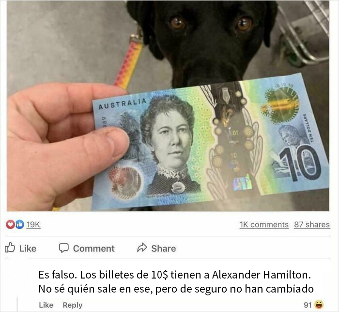 Billete australiano de 10 dólares con persona, perro al fondo y ejemplo de ignorancia estadounidense en redes sociales.