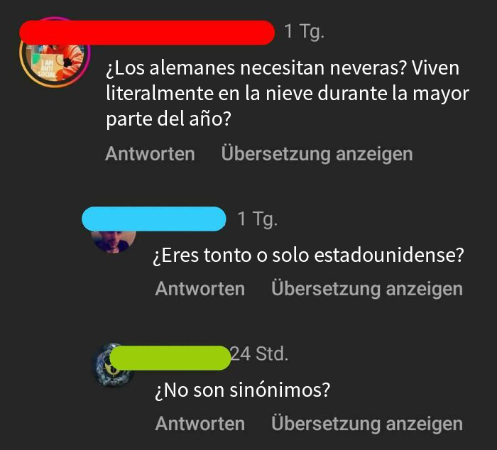 Comentarios en redes sociales mostrando ejemplos de ignorancia estadounidense con preguntas sobre alemanes y nieve.