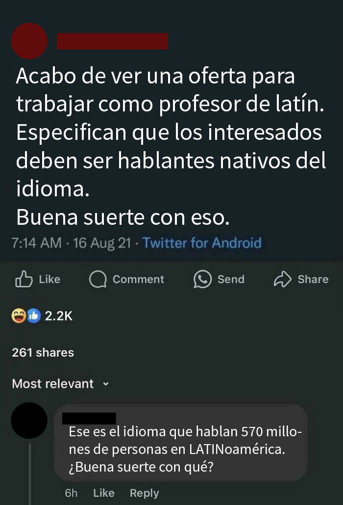 Usuario comenta oferta para profesor de latín que exige ser hablante nativo, ejemplo de ignorancia estadounidense absurda.