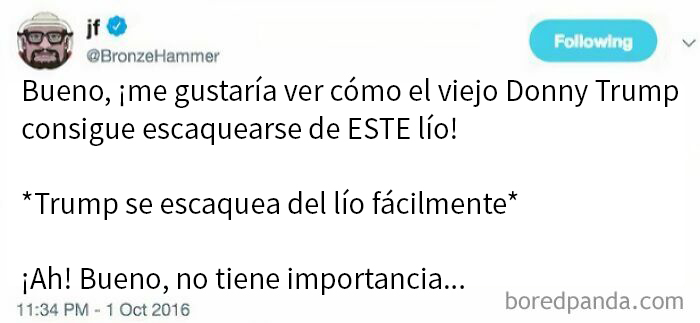 Tuit humorístico sobre envejecer como el vino con referencia a Trump escapando de un problema fácilmente.