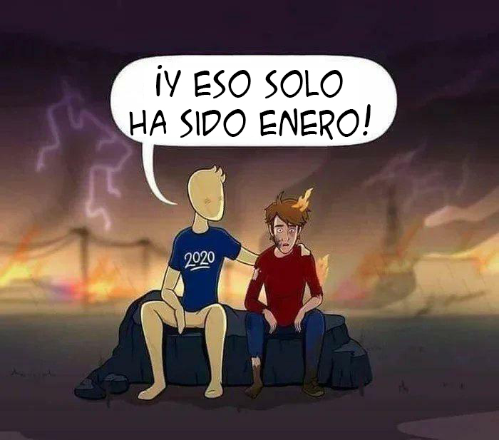 Personajes sentados en escombros, uno con camiseta 2020 consolando a otro con fuego en su cabeza, simbolizando envejecer como el vino.