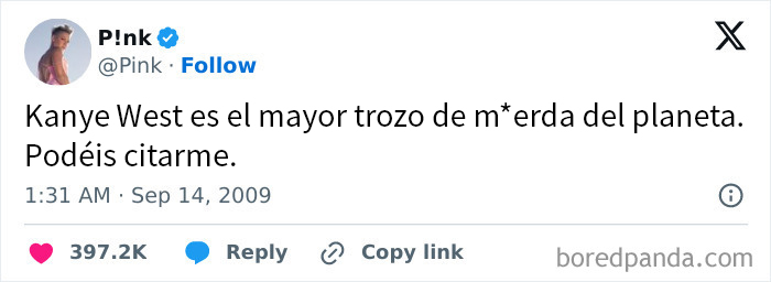 Captura de tuit de Pink expresando una opinión fuerte, relacionada con el tema de envejecer como el vino en redes sociales.