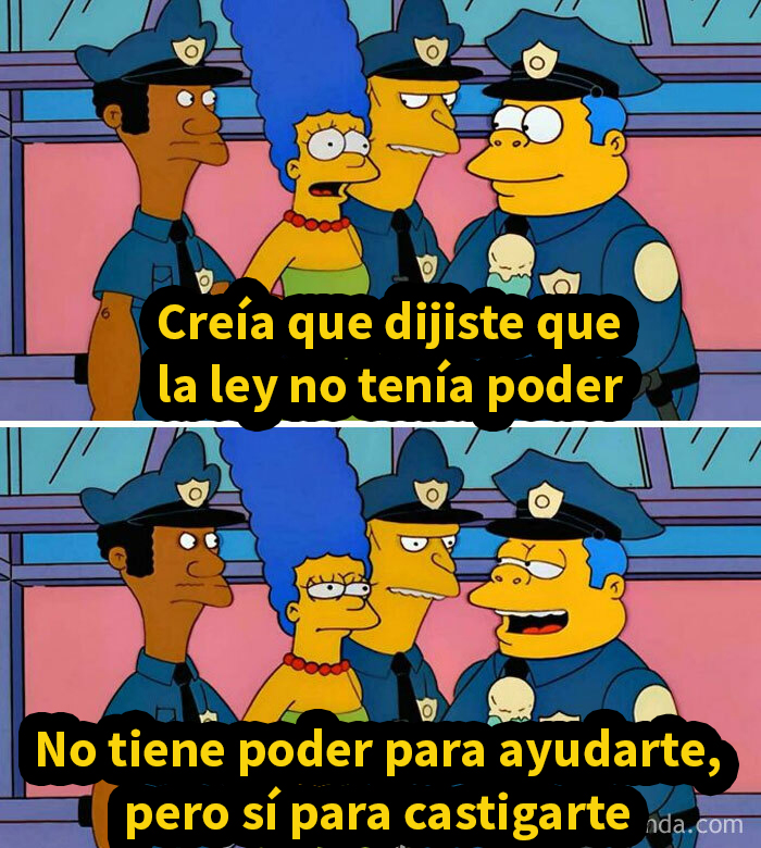 Personajes de Los Simpson ilustrando la frase envejecer como el vino con diálogo sobre el poder de la ley.