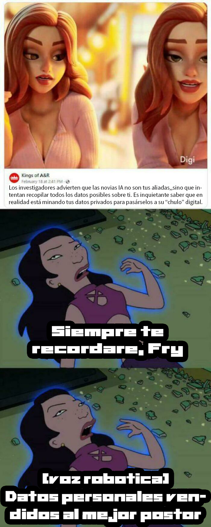 Ilustraciones y memes sobre envejecer como el vino y advertencias sobre novias IA y datos personales digitales.