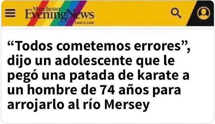 Recorte de noticia divertida del Reino Unido mostrando humor británico con episodio inusual y exagerado en Manchester.