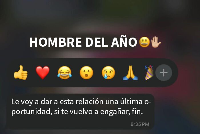 Captura de mensaje de texto con frase sobre última oportunidad en relación, destacando hombre del año y emojis variados.