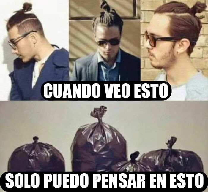 Hombres con moños modernos comparados con bolsas de basura, en una publicación divertida y peligrosa al límite de lo ofensivo.