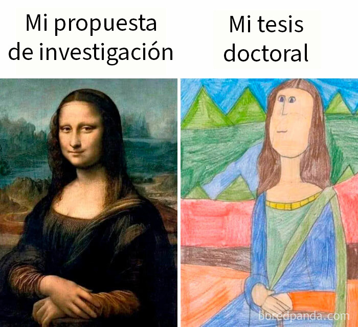 Memes científicos con comparación entre una pintura clásica y un dibujo infantil sobre tesis doctoral e investigación.