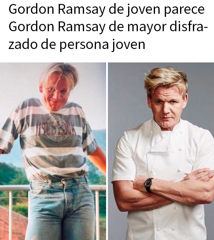 Comparación divertida de Gordon Ramsay joven y adulto, ejemplo de imágenes fuera de contexto y humor británico en Reino Unido.