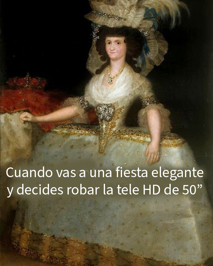 Mujer con vestido elegante estilo antiguo en imagen divertida que refleja el humor británico fuera de contexto en Reino Unido.
