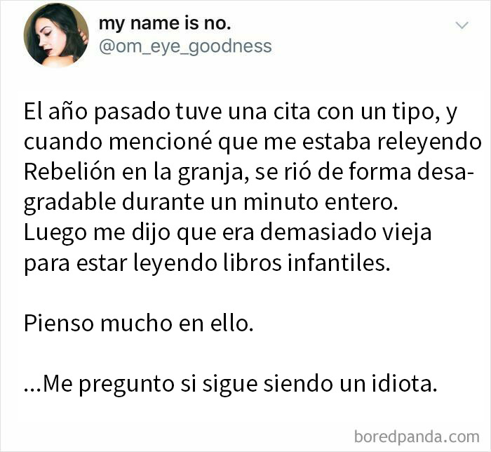 Tuit compartido sobre una cita que no salió nada bien con comentarios sarcásticos y reflexión personal.