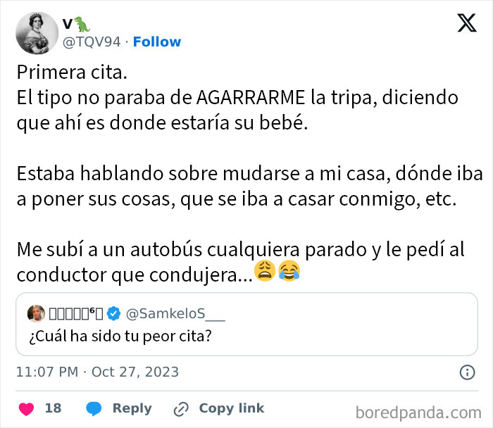 Tuit de persona contando una de sus peores citas que no salió nada bien, compartida en internet.