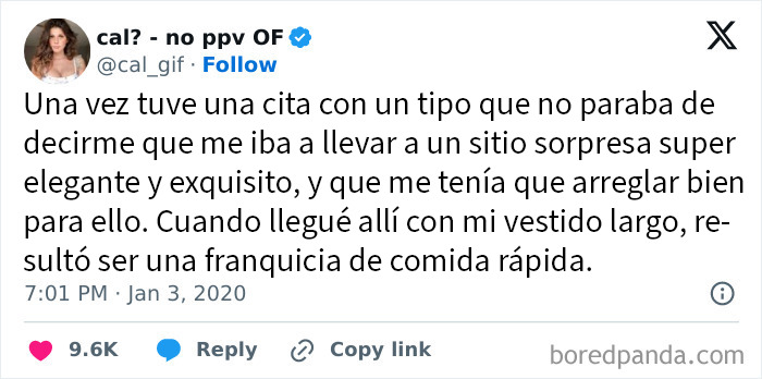 Captura de tuit con una historia de una cita que no salió bien al terminar en comida rápida en lugar de un lugar elegante.