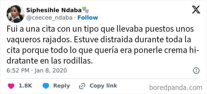 Tweet sobre una cita que no salió bien, donde la persona estuvo distraída por unos vaqueros rajados durante el encuentro.