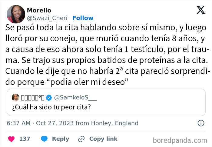 Captura de tuit sobre una mala cita que salió mal, compartida en internet y relacionada con experiencias fallidas en citas.