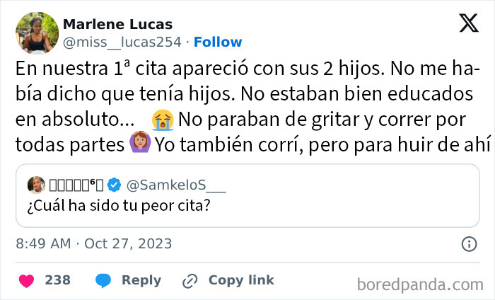 Captura de pantalla de un tuit sobre una mala cita con hijos que no salieron nada bien compartida en internet.