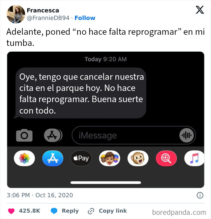 Captura de pantalla de mensaje cancelando una cita, ejemplo de citas que no salieron bien compartidas en internet.