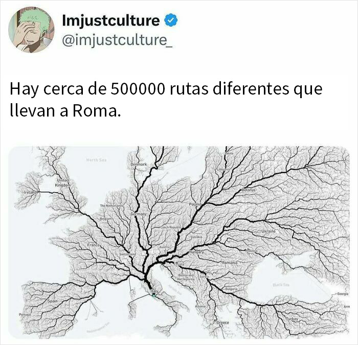 Mapa de rutas históricas en Europa con más de 500000 caminos que llevan a Roma para públicos curiosos.