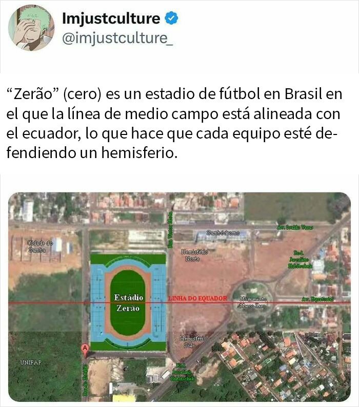 Imagen satelital del Estadio Zerão en Brasil, alineado con el ecuador, mostrando publicaciones e historias fascinantes.
