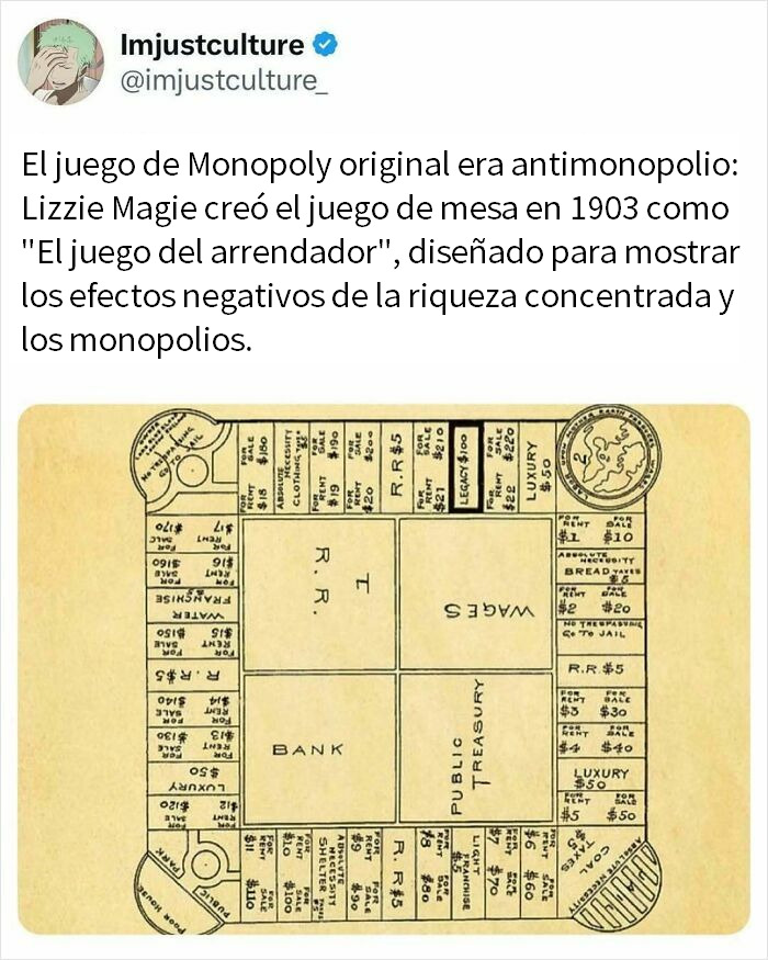 Tablero original de Monopoly diseñado para mostrar efectos negativos de riqueza concentrada y monopolios, historia fascinante.