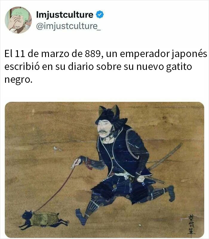 Imagen histórica de un guerrero japonés del 889 paseando un gatito negro, contenido para los más curiosos.