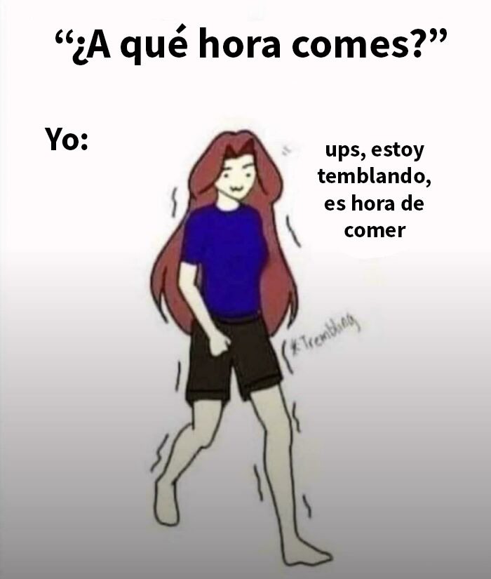Dibujo de persona temblando con camiseta azul y pantalones cortos negros, meme gracioso relacionado con memes y bromas explicados.