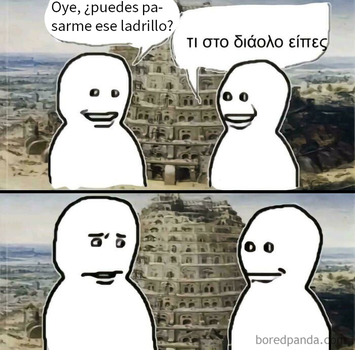 Dos personajes con expresión confusa frente a una torre, representando memes y bromas que necesitaron ser explicados.