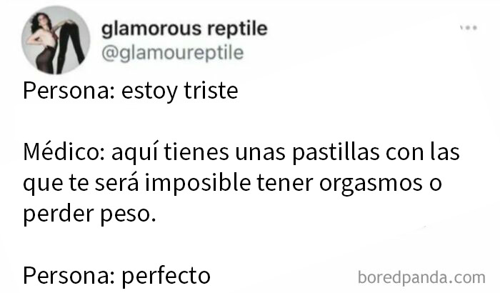 Meme humorístico mostrando diálogo entre persona triste y médico con pastillas que afectan orgasmos y peso, bromas explicadas.