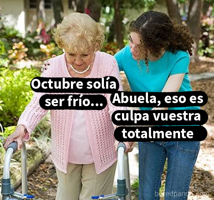 Abuela y nieta en parque discutiendo memes y bromas que necesitaron ser explicados con texto sobre octubre frío.