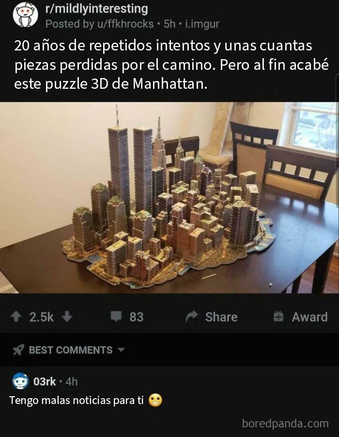 Puzzle 3D de Manhattan terminado después de años, ejemplo de memes y bromas que necesitaron ser explicados.