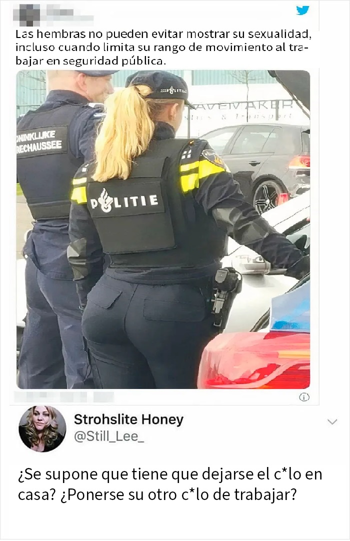 Policías en patrulla mostrando frases impactantes y originales sobre percepción y trabajo femenino en seguridad pública.