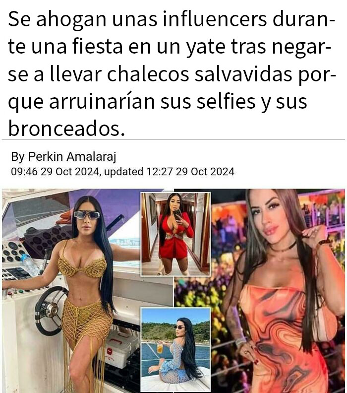 Influencers en yate sin chalecos salvavidas posando para selfies y mostrando sus bronceados en diferentes eventos.
