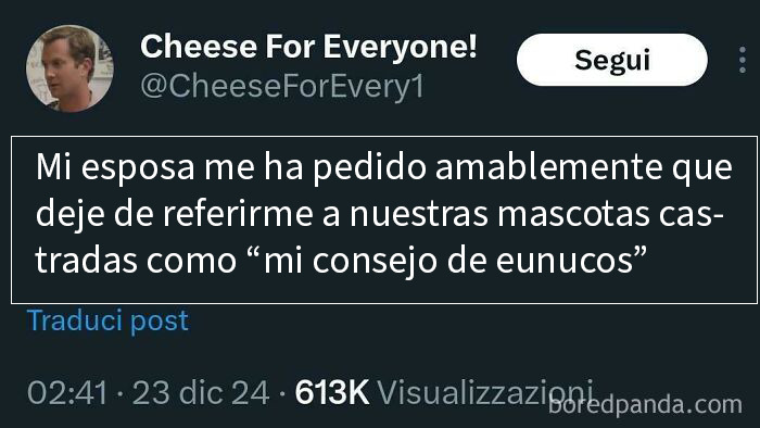 Publicación en Twitter con frase original y humorística sobre mascotas castradas, destacando frases únicas y creativas.