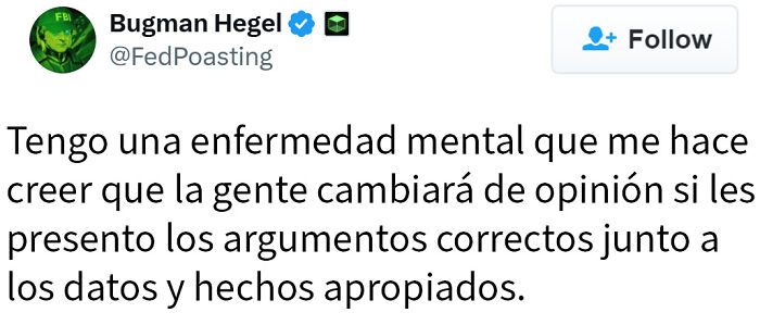 Meme divertido que muestra una ironía sobre opiniones y argumentos con datos y hechos apropiados.