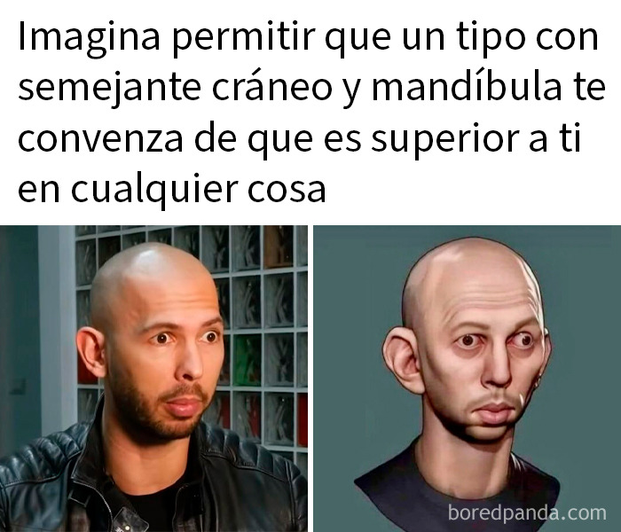 Hombre calvo y caricatura con cráneo y mandíbula grandes en meme divertido para dosis de risas diaria.