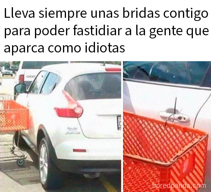 Memes divertidos mostrando cómo usar bridas para molestar a quienes aparcan mal en la calle.