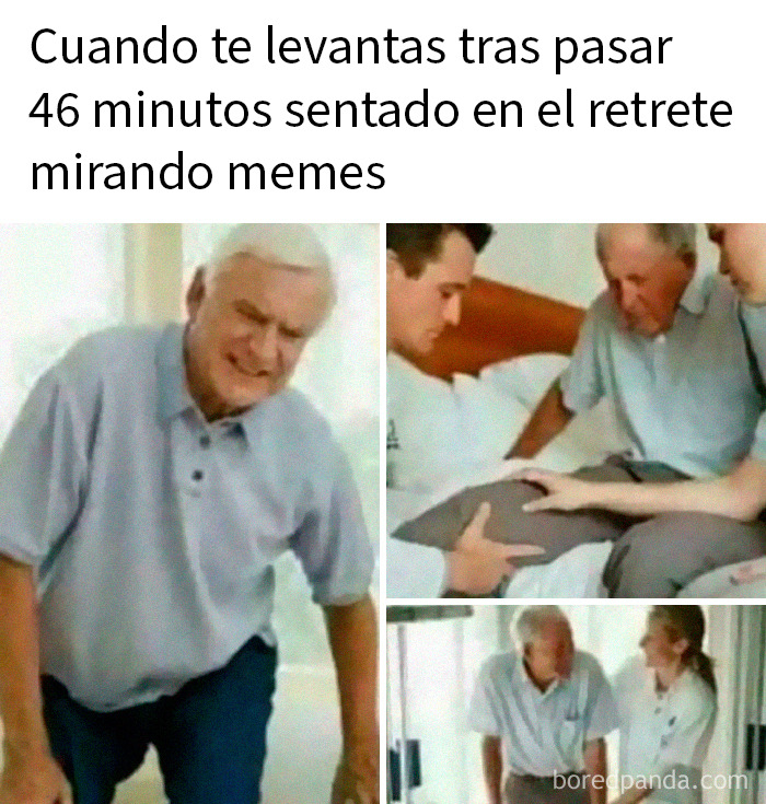 Hombre mayor con dolor de espalda después de estar 46 minutos sentado viendo memes divertidos para risas diarias