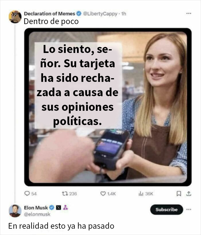 Mujer sonriente rechazando pago con tarjeta, ejemplo de terribles mentirosos pillados en internet con opiniones políticas.