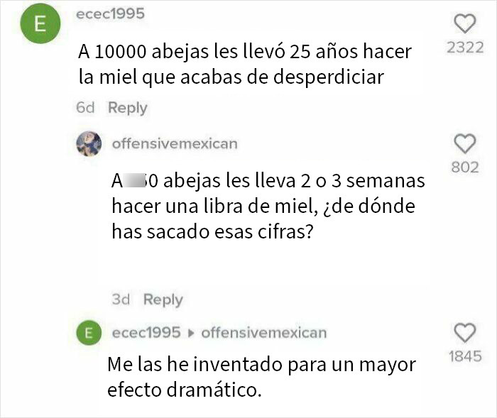 Comentarios en internet mostrando terribles mentirosos que fueron pillados discutiendo sobre abejas y miel.